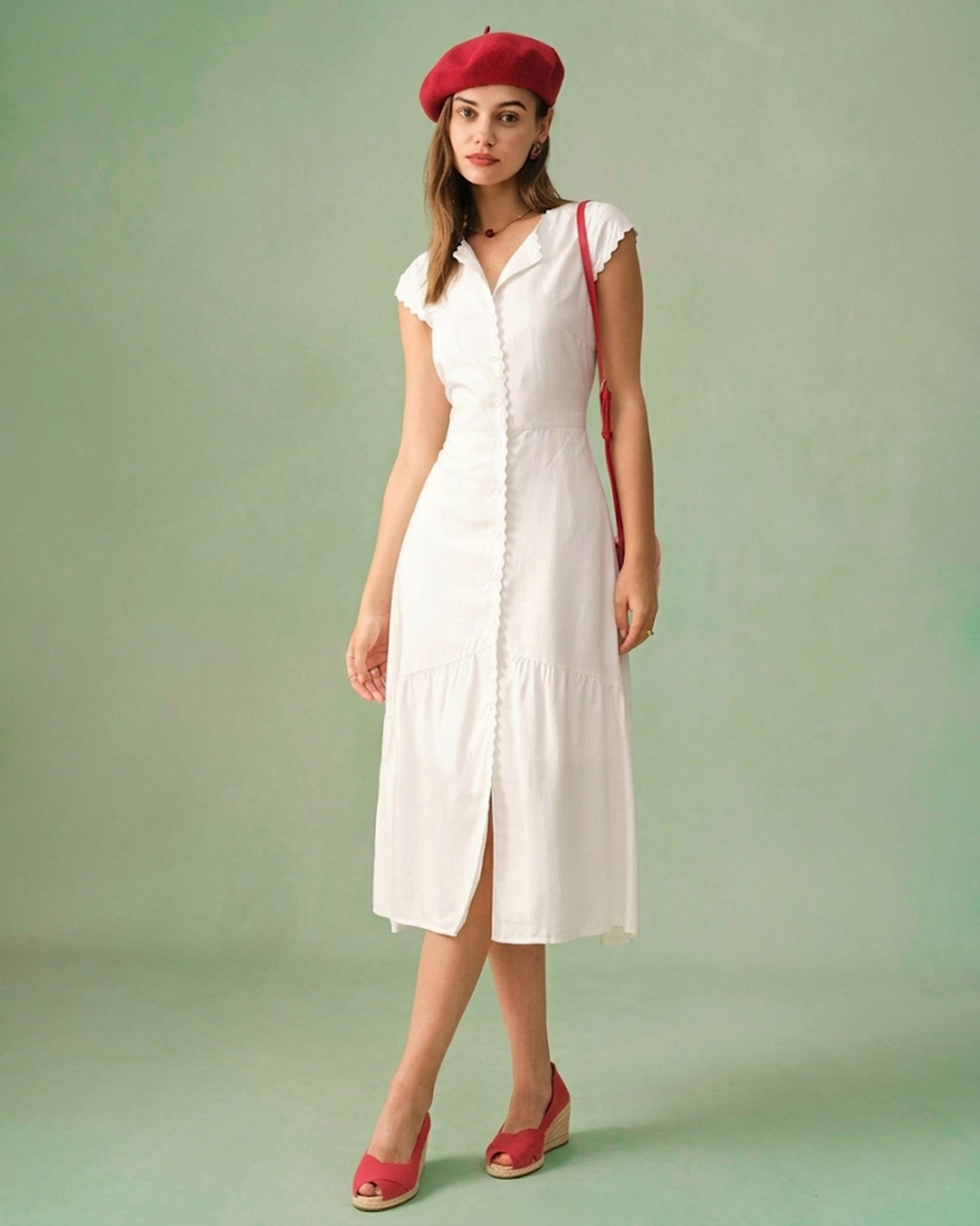 The Solid Color Lapel Midi Dress - Lapel Collar Dress For Office Work, Workwear - White - Dresses | RIHOAS The Solid Color Lapel Midi Dress - Lapel Collar Dress For Office Work, Workwear - White - Dresses | RIHOAS