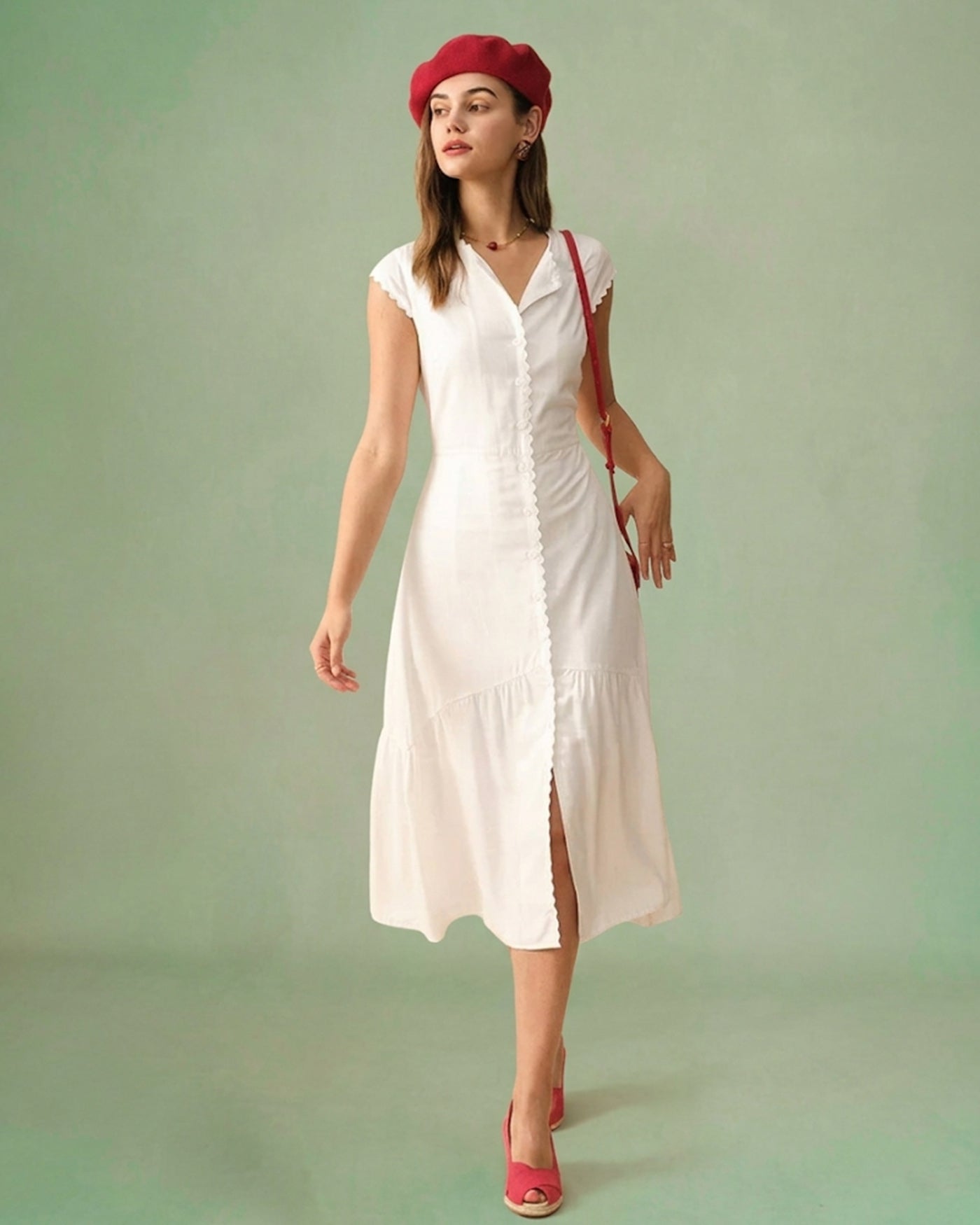 The Solid Color Lapel Midi Dress - Lapel Collar Dress For Office Work, Workwear - White - Dresses | RIHOAS The Solid Color Lapel Midi Dress - Lapel Collar Dress For Office Work, Workwear - White - Dresses | RIHOAS