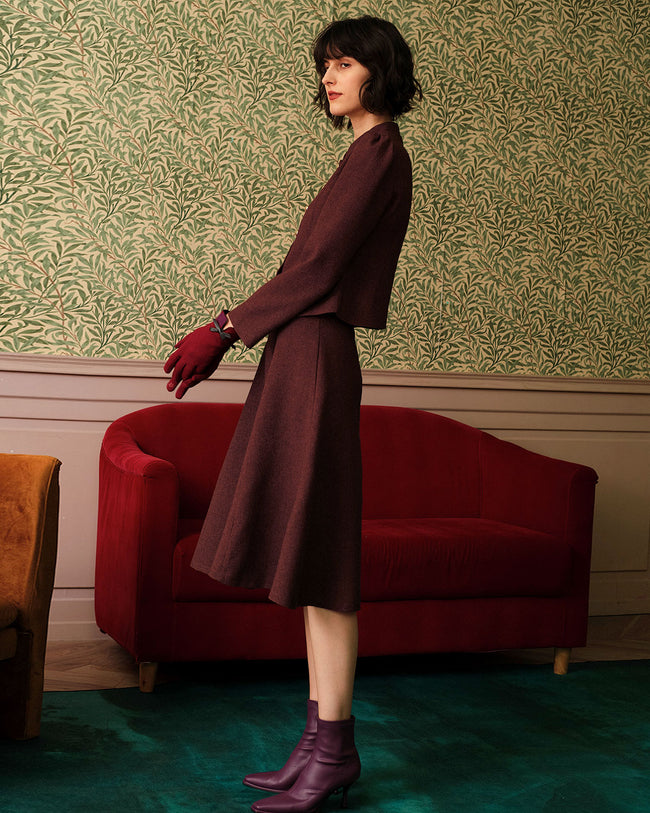Burgundy High Waisted Tweed Skirt - Women's High Waisted A
