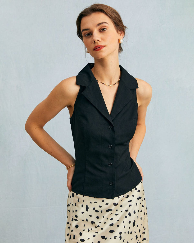 The Solid Lapel Neck Vest Black Tops - RIHOAS
