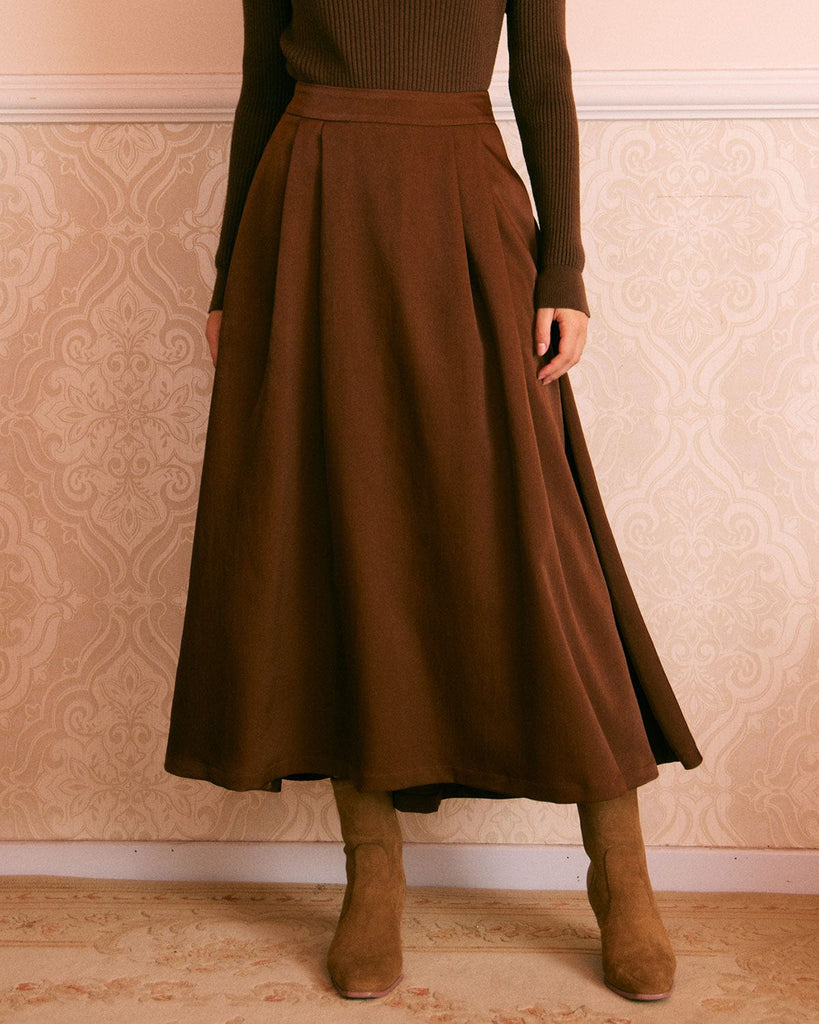 The Solid Pleated Midi Skirt Coffee Bottoms - RIHOAS