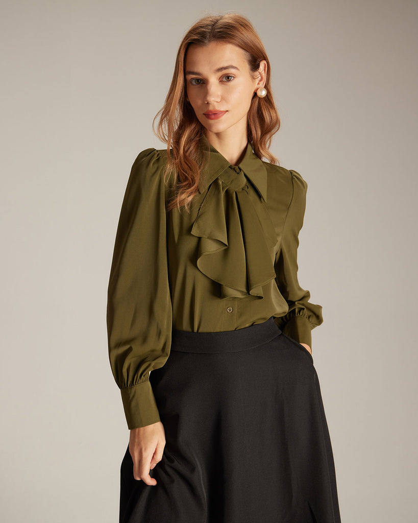 The Solid Satin Long Sleeve Shirt Army Green Tops - RIHOAS