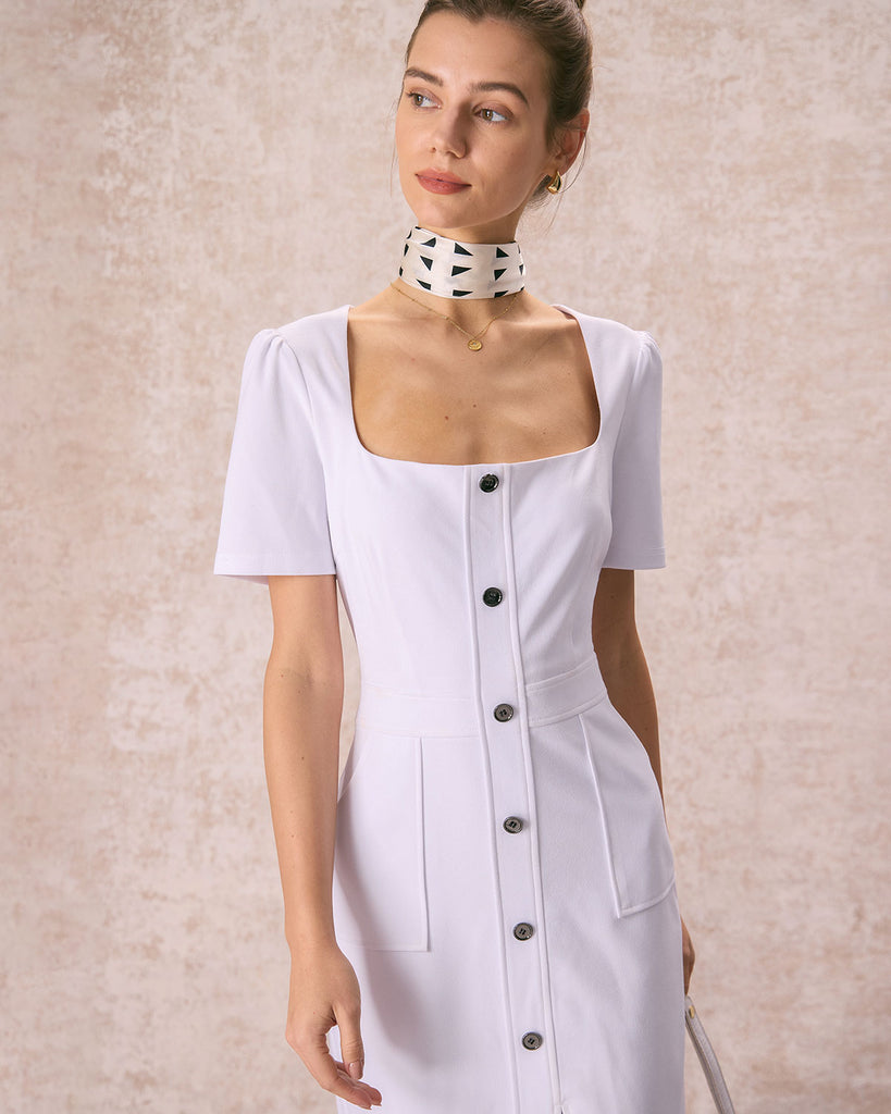 The Square Neck Buttoned Midi Dress Dresses - RIHOAS