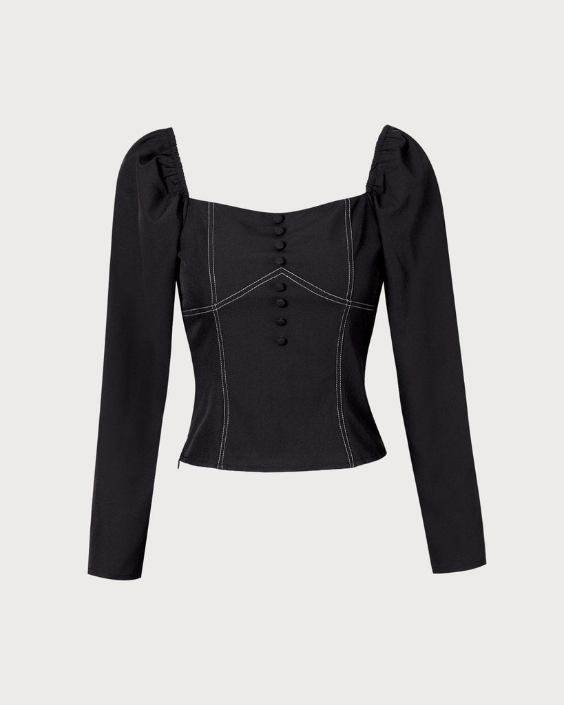 The Square Neck Contrast Blouse Black Tops - RIHOAS