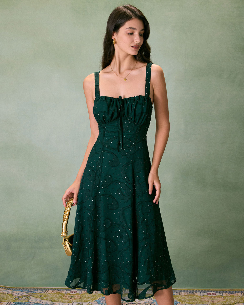 The Square Neck Jacquard Slit Midi Dress Dresses - RIHOAS