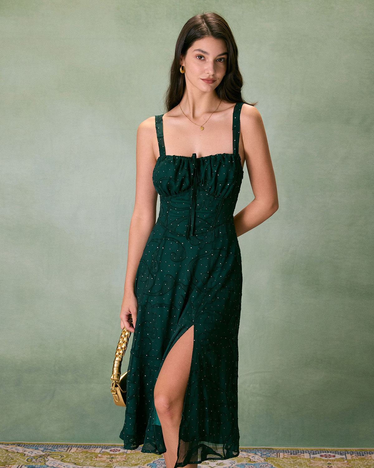 The Green Square Neck Jacquard Slit Midi Dress & Reviews - Green - Dresses
