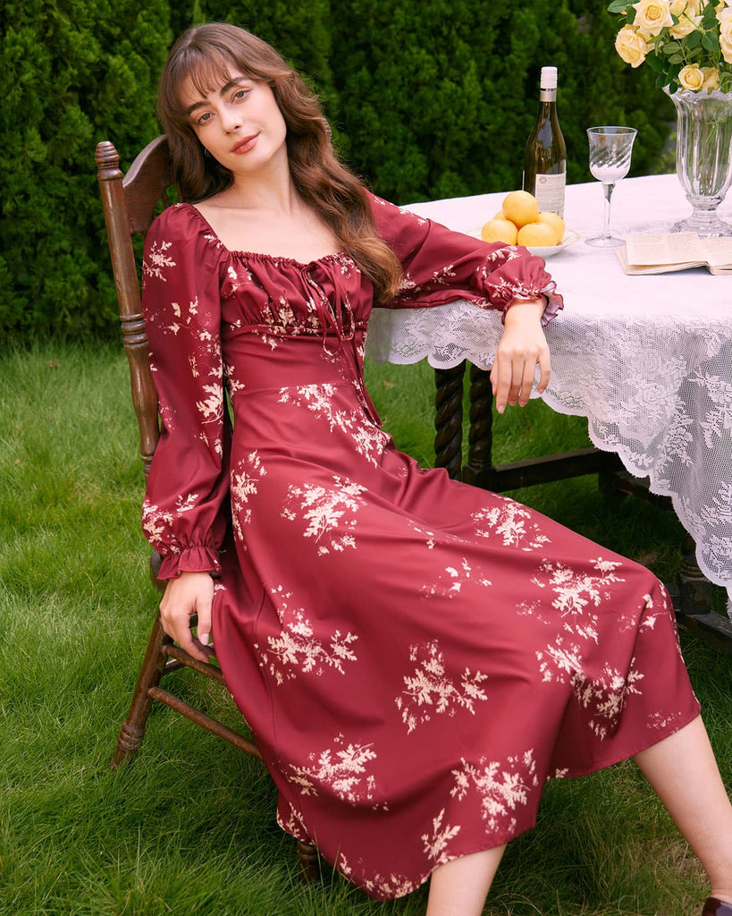 The Square Neck Long Sleeve Floral Dress Dresses - RIHOAS
