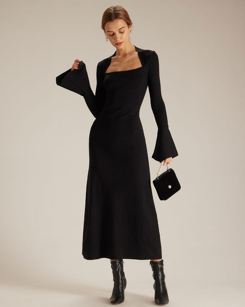The Square Neck Long Sleeve Sweater Dress Black Dresses - RIHOAS
