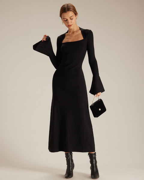 The Black Square Neck Flare Sleeve Midi Dress & Reviews - Black - Dresses | RIHOAS The Black Square Neck Flare Sleeve Midi Dress & Reviews - Black - Dresses | RIHOAS