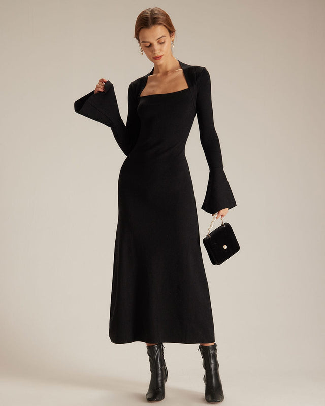 The Square Neck Long Sleeve Sweater Dress Black Dresses - RIHOAS