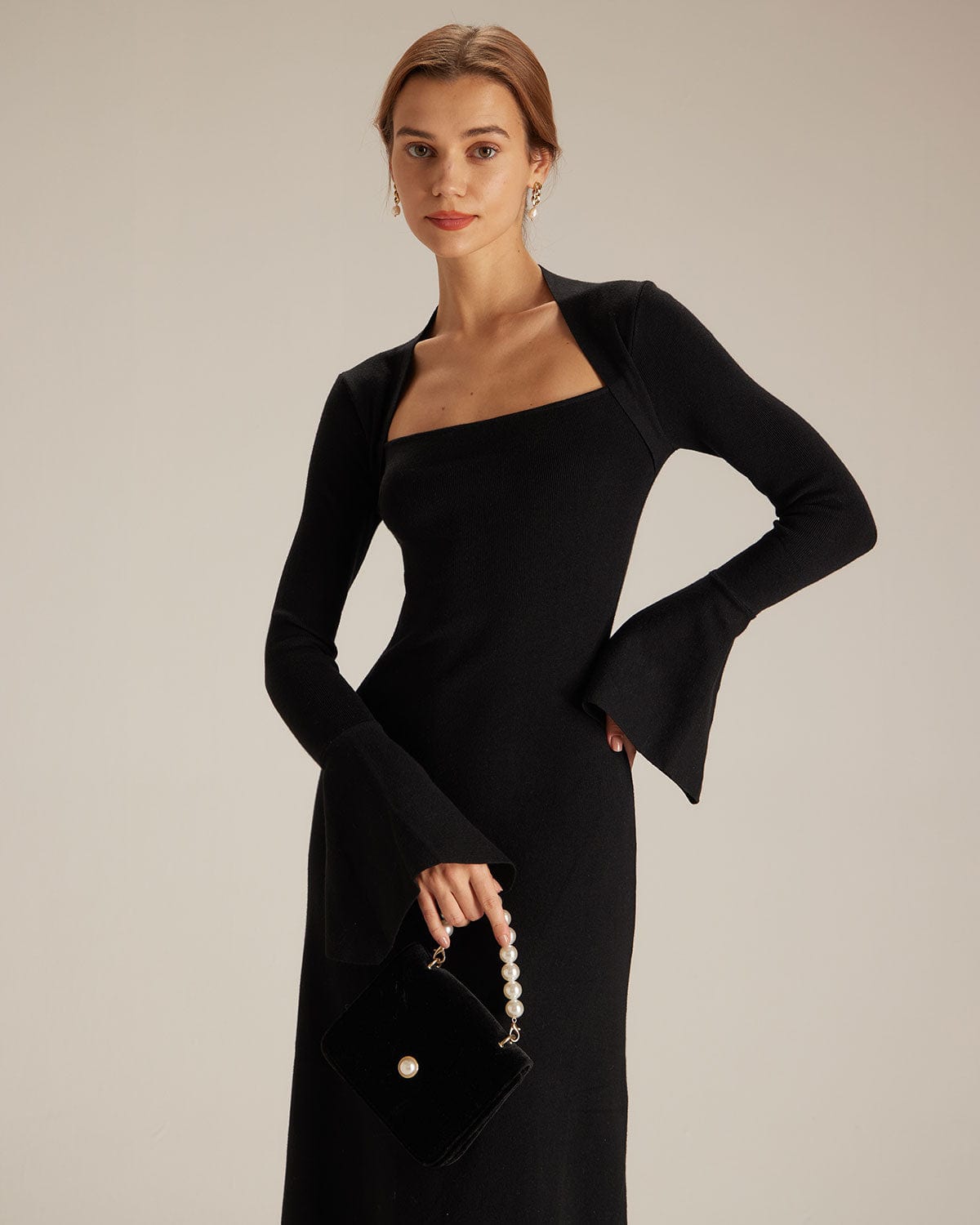 The Black Square Neck Flare Sleeve Midi Dress & Reviews - Black - Dresses | RIHOAS The Black Square Neck Flare Sleeve Midi Dress & Reviews - Black - Dresses | RIHOAS