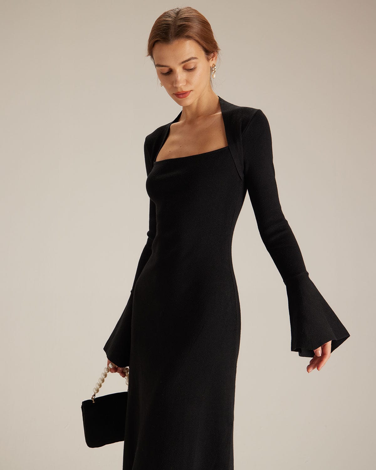 The Black Square Neck Flare Sleeve Midi Dress & Reviews