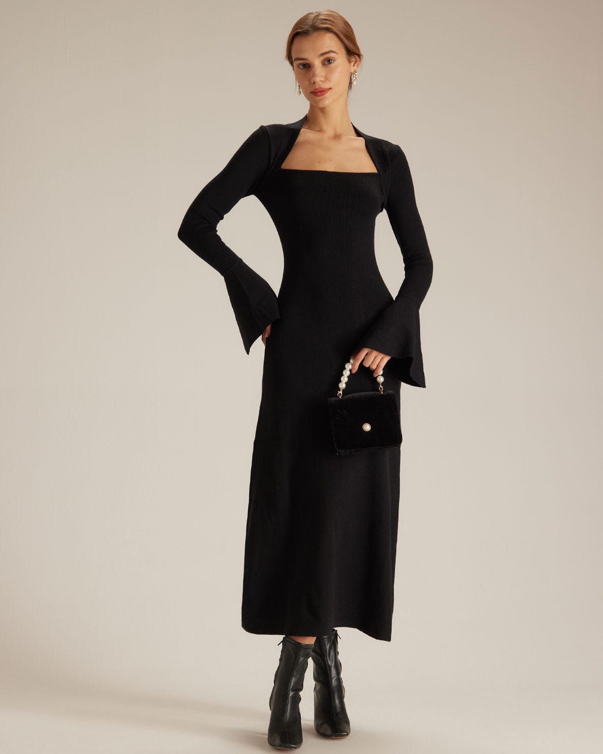 The Black Square Neck Flare Sleeve Midi Dress & Reviews - Black - Dresses | RIHOAS The Black Square Neck Flare Sleeve Midi Dress & Reviews - Black - Dresses | RIHOAS