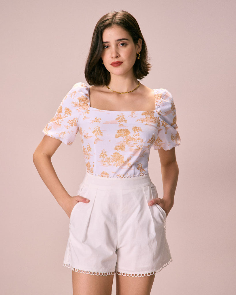The Square Neck Puff Sleeve Blouse White Tops - RIHOAS