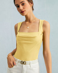 The Square Neck Ruched Tank Top Yellow Tops - RIHOAS