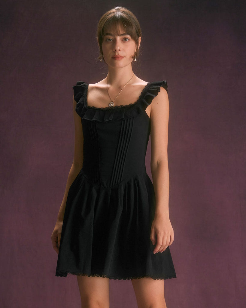 The Square Neck Ruffle Mini Dress Black Dresses - RIHOAS