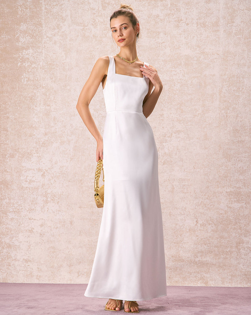 The Square Neck Satin Maxi Dress White Dresses - RIHOAS