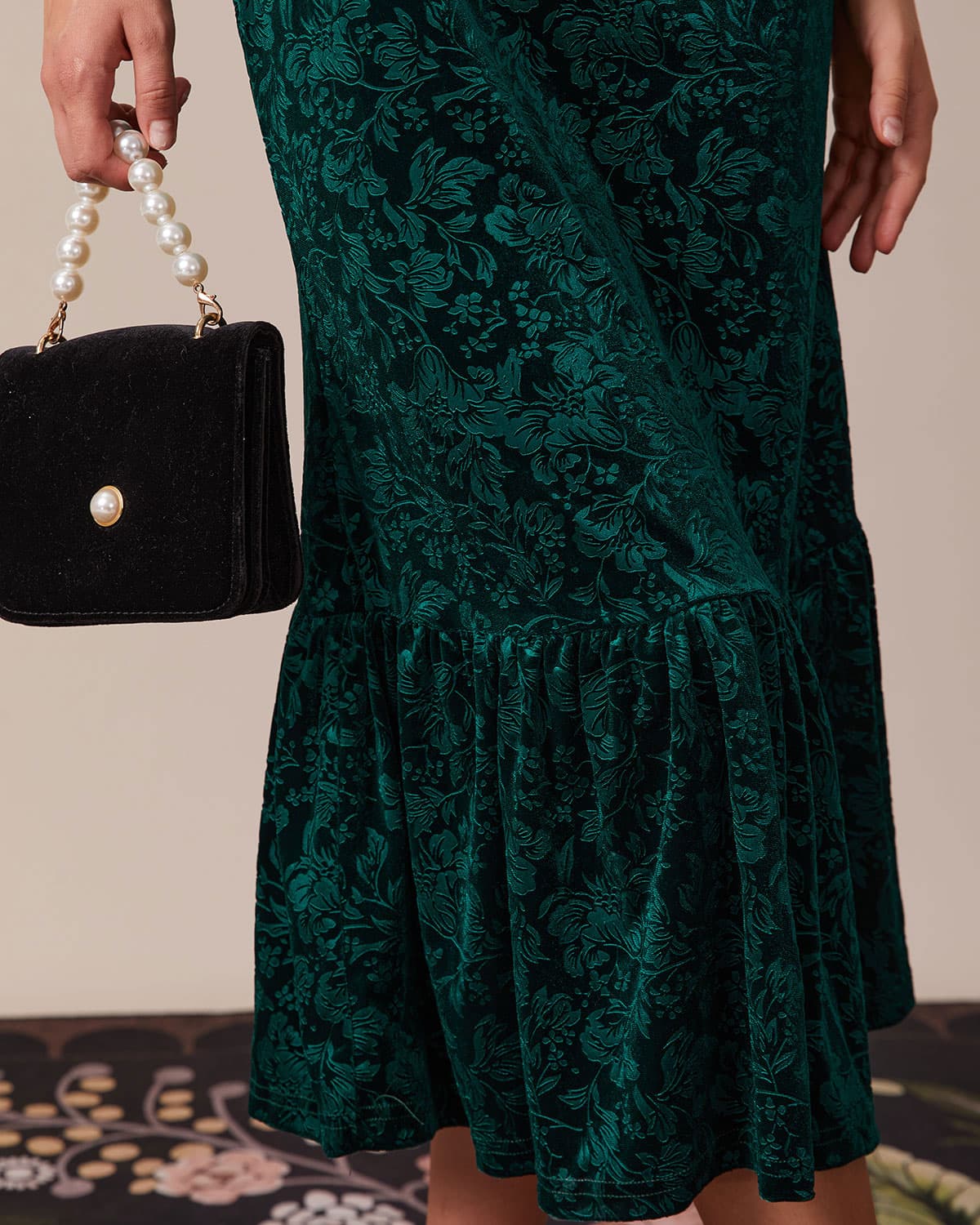 The Green Jacquard Mermaid Velvet Maxi Dress - Long Sleeve, Floral