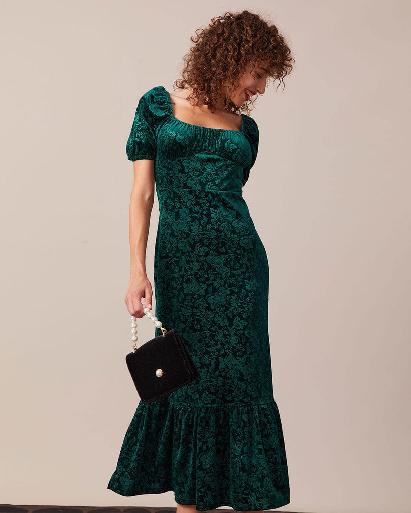 The Square Neck Velvet-Jacquard Dress Dresses - RIHOAS