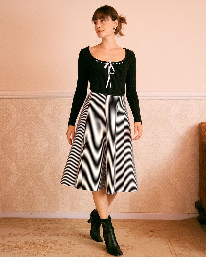 The Striped A-Line Midi Skirt Bottoms - RIHOAS