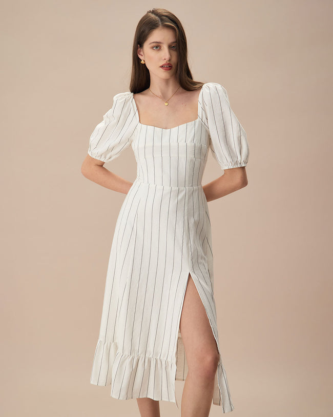 Rihoas Puff Sleeve Striped Split Cotton Midi Dress for Women Beige XL
