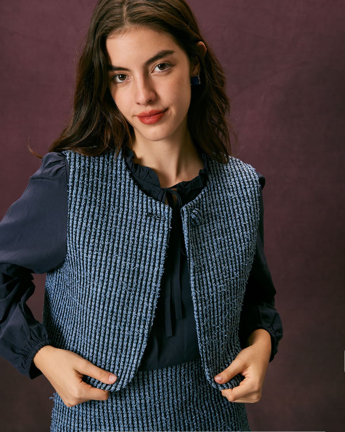 The Striped Tweed Vest Blue Tops - RIHOAS