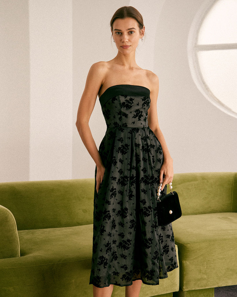 The Black Floral Strapless Midi Dress