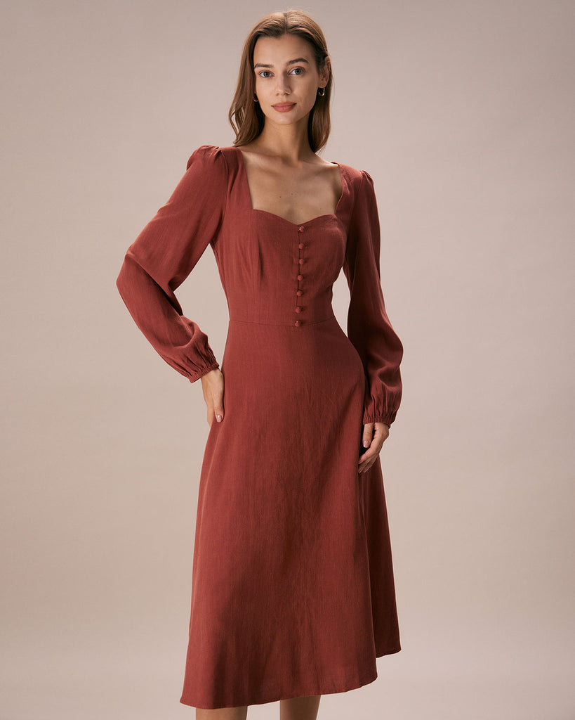 The Sweetheart Neck Button Dress Caramel Dresses - RIHOAS