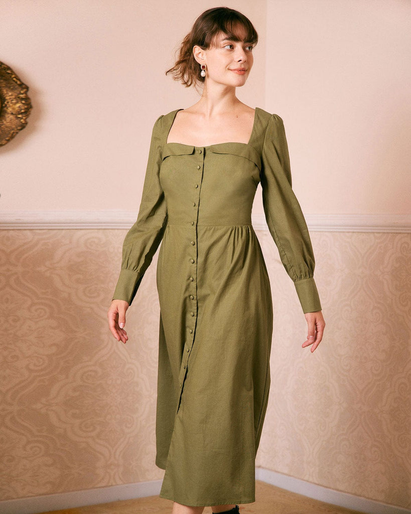 The Sweetheart Neck Button Midi Dress Dresses - RIHOAS