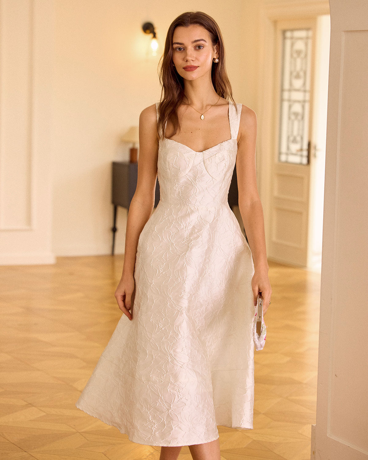 The Sweetheart Neck Jacquard Midi Dress White Dresses - RIHOAS