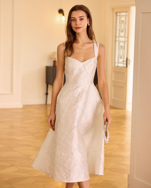 The White Sweetheart Neck Jacquard Midi Dress The White Sweetheart Neck Jacquard Midi Dress