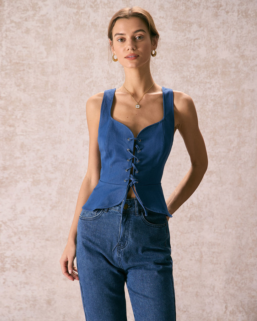 The Sweetheart Neck Lace-Up Tank Top Blue Tops - RIHOAS