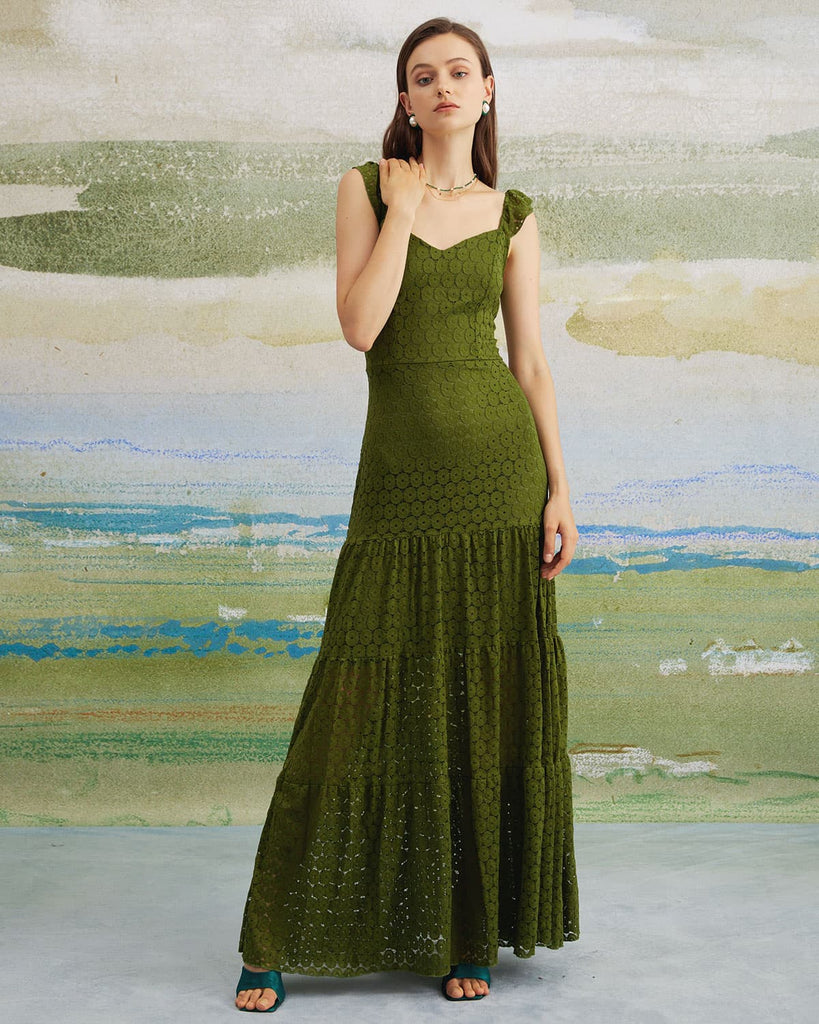 The Sweetheart Neck Lace Tiered Dress Green Dresses - RIHOAS
