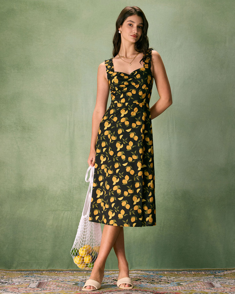 The Sweetheart Neck Lemon Midi Dress Dresses - RIHOAS