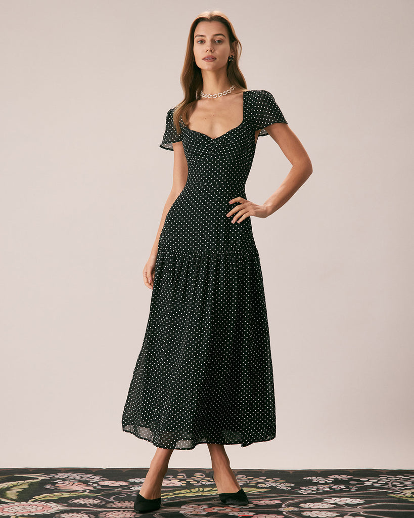 The Sweetheart Neck Polka Dot Dress Black Dresses - RIHOAS