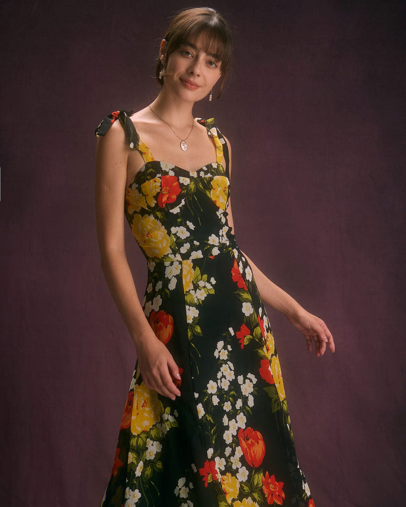 The Sweetheart Neck Tie Shoulder Floral Dress Dresses - RIHOAS