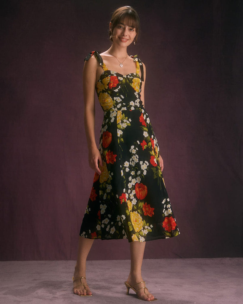 The Sweetheart Neck Tie Shoulder Floral Dress Dresses - RIHOAS