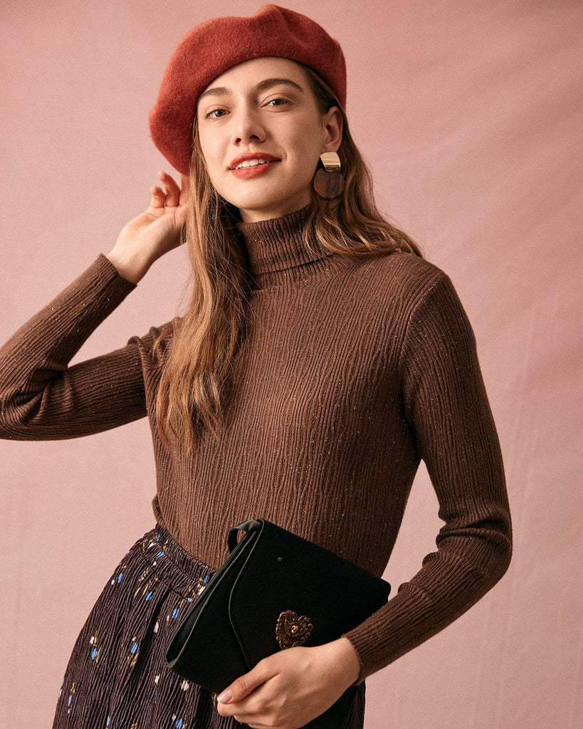 The Textured Turtleneck Knit Top Coffee Tops - RIHOAS
