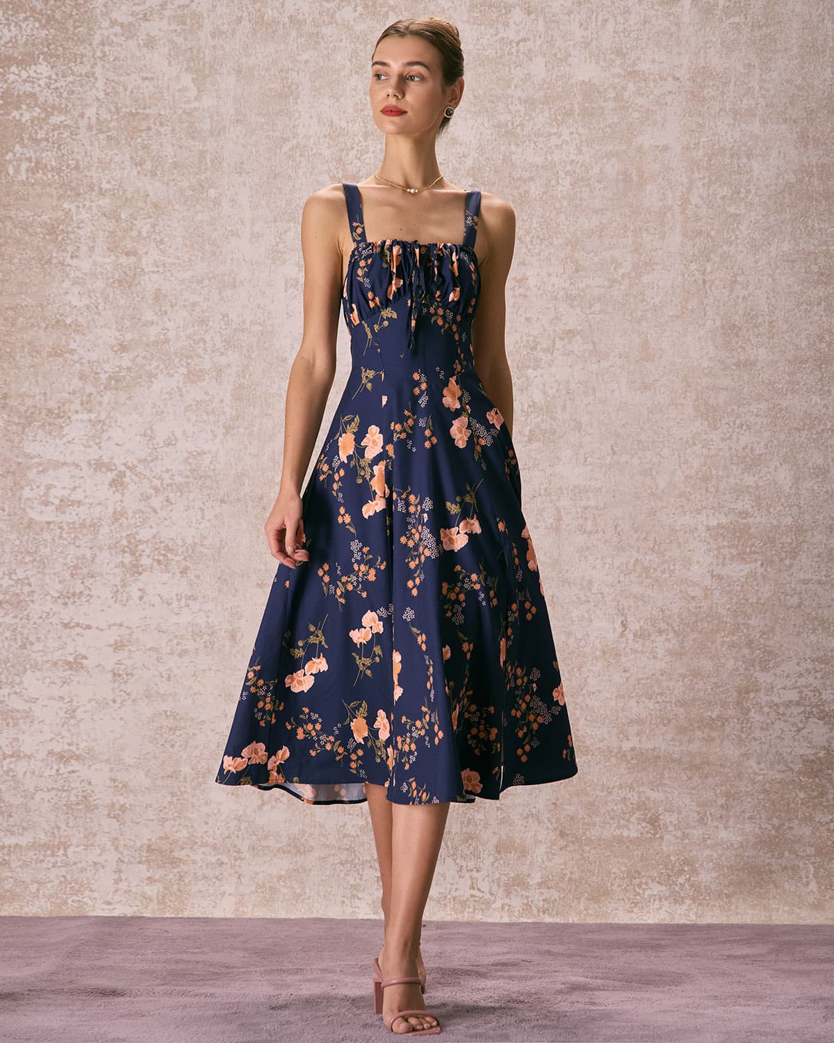 Rihoas Lace Up Floral Ruched Midi Dress for Women, Navy / S Rihoas Lace Up Floral Ruched Midi Dress for Women, Navy / S