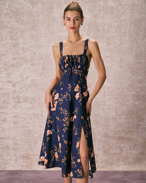 The Navy Lace Up Floral Ruched Midi Dress & Reviews - Navy