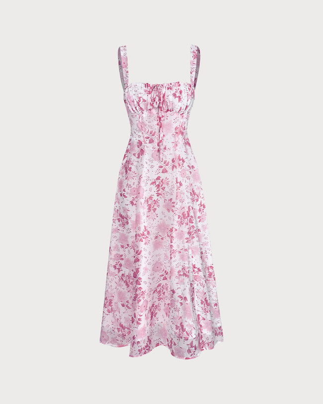 The Pink Square Neck Floral Ruched Midi Dress & Reviews