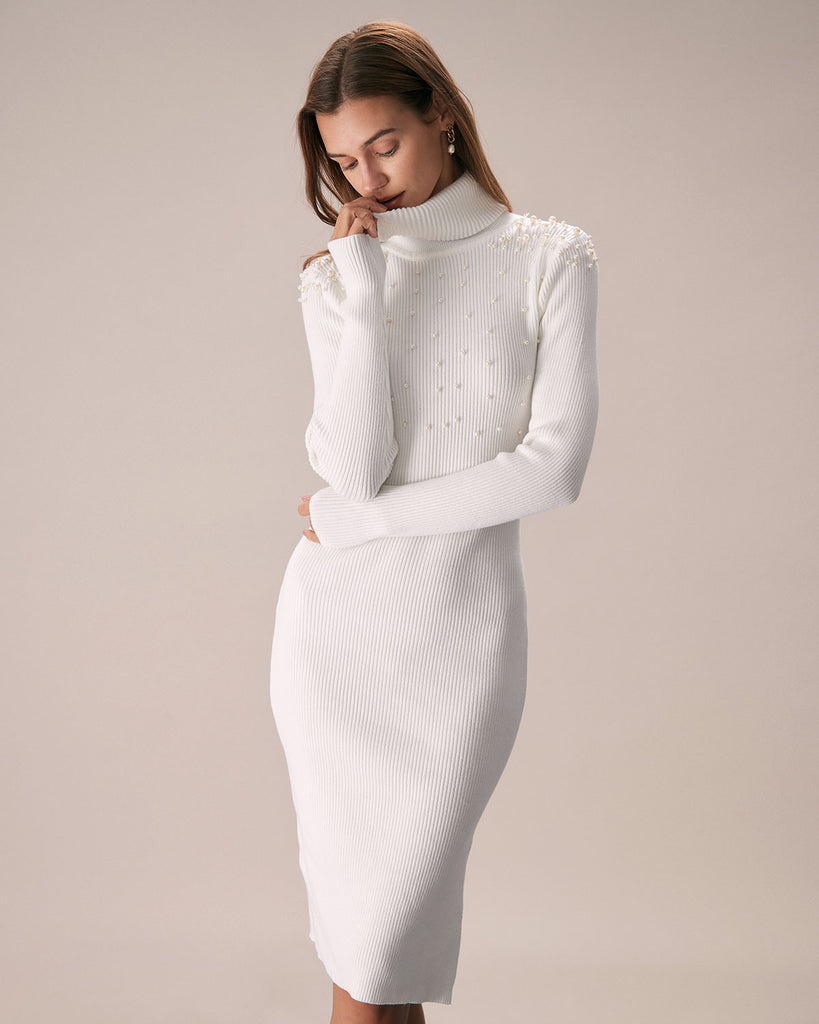 The Turtleneck Beaded Slim Fit Dress White Dresses - RIHOAS