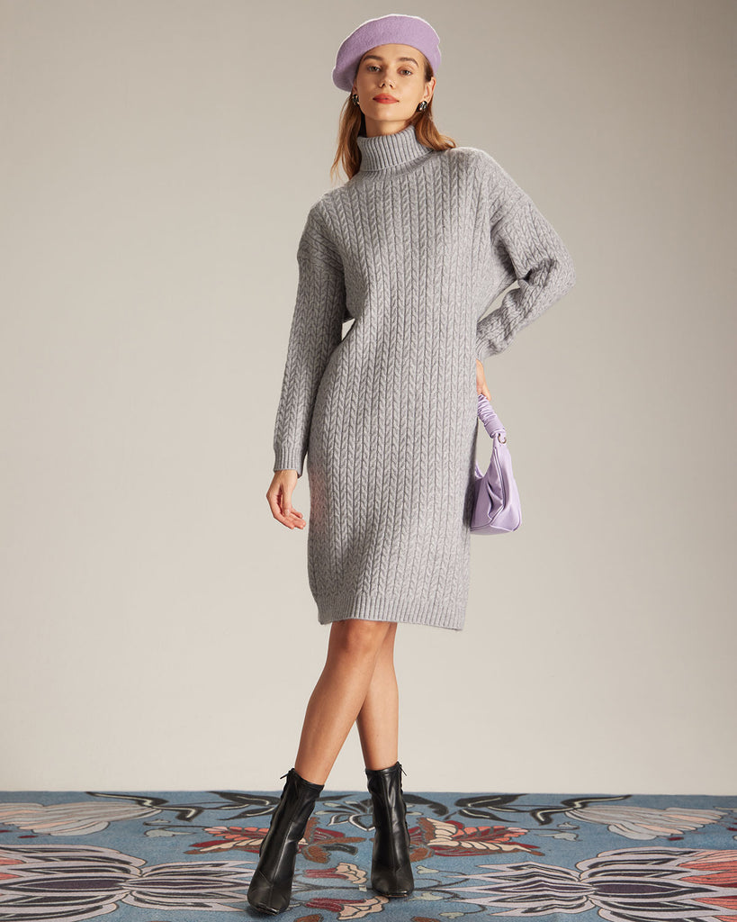 The Turtleneck Cable Sweater Dress Grey Dresses - RIHOAS