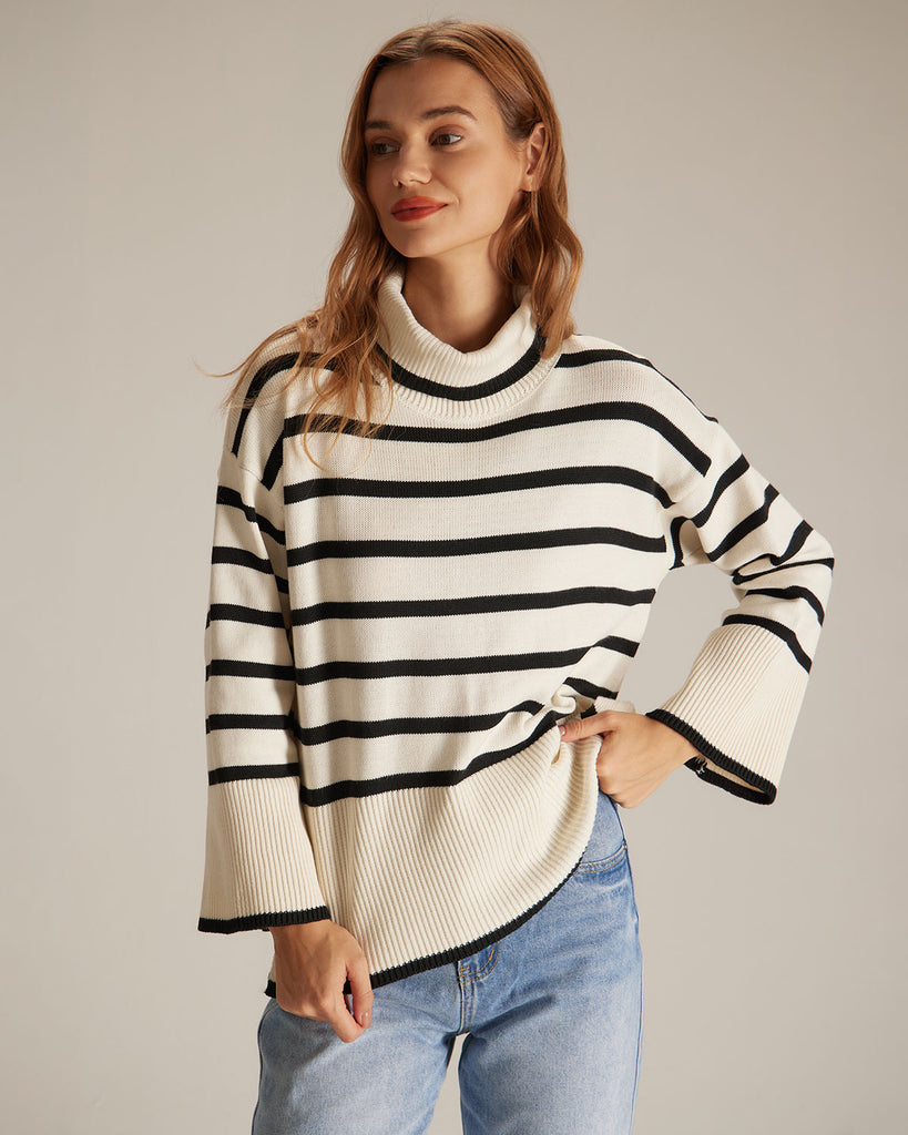 The Turtleneck Striped Pullover Sweater Apricot Tops - RIHOAS