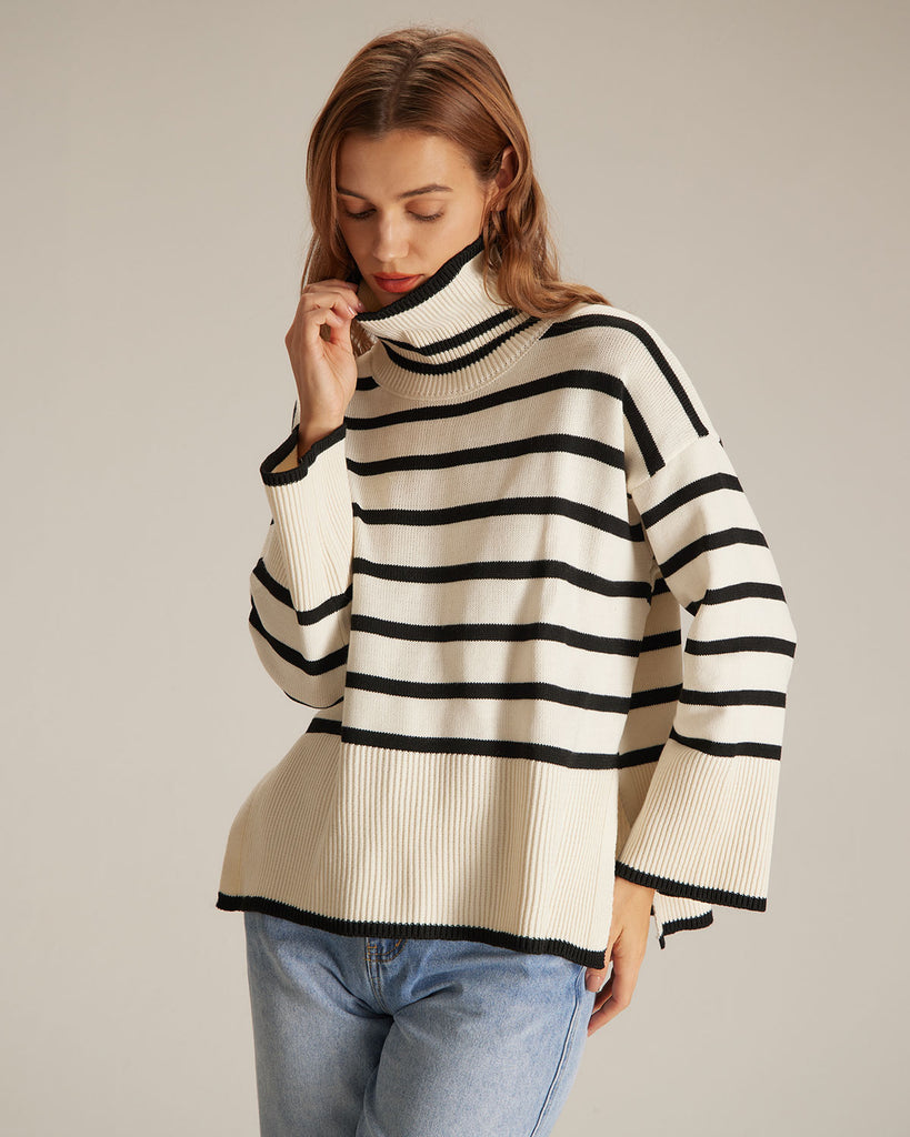 The Turtleneck Striped Pullover Sweater Tops - RIHOAS