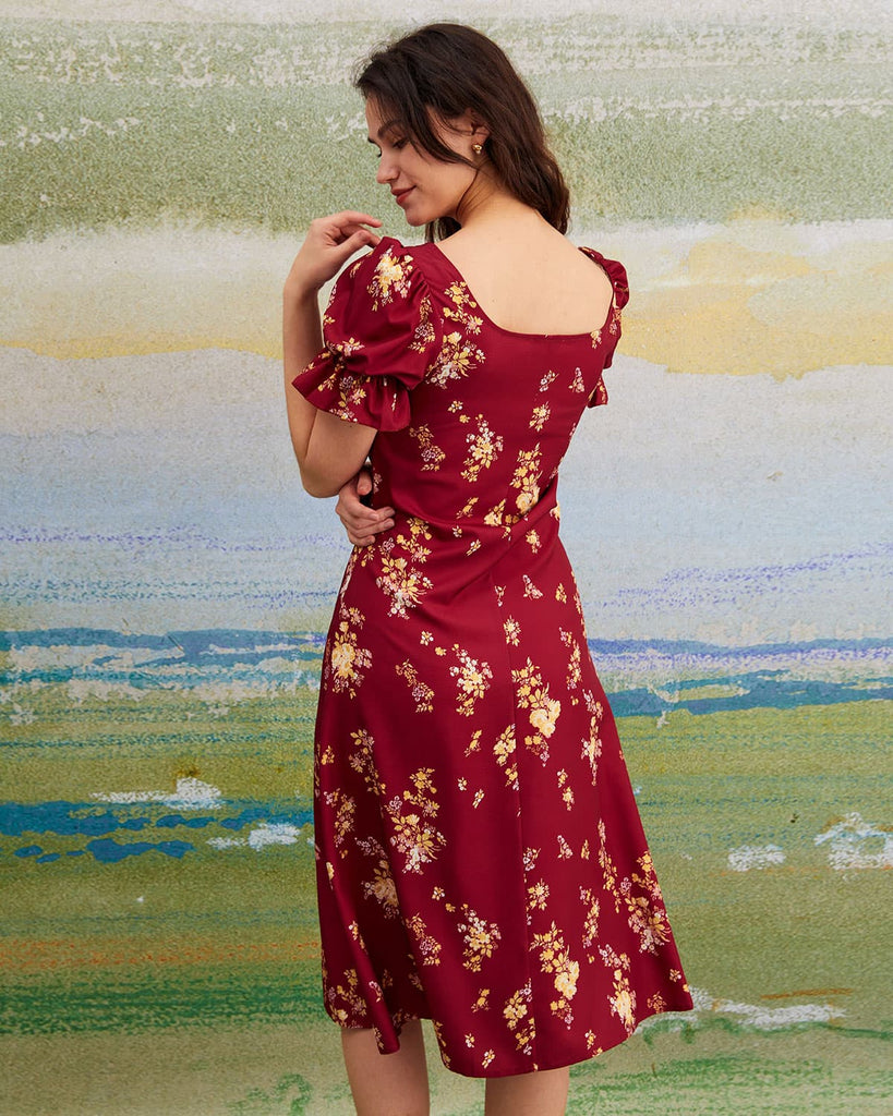 The U-Neck Puff Sleeve Floral Dress Dresses - RIHOAS