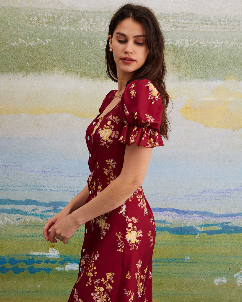The U-Neck Puff Sleeve Floral Dress Dresses - RIHOAS