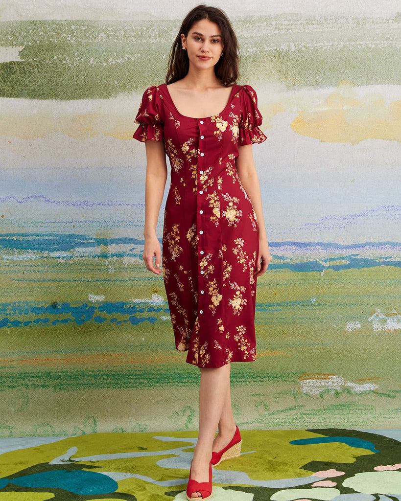 The U-Neck Puff Sleeve Floral Dress Dresses - RIHOAS