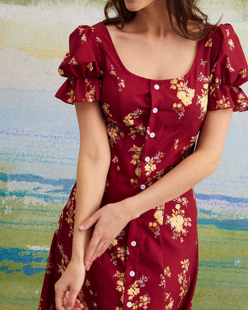 The U-Neck Puff Sleeve Floral Dress Dresses - RIHOAS