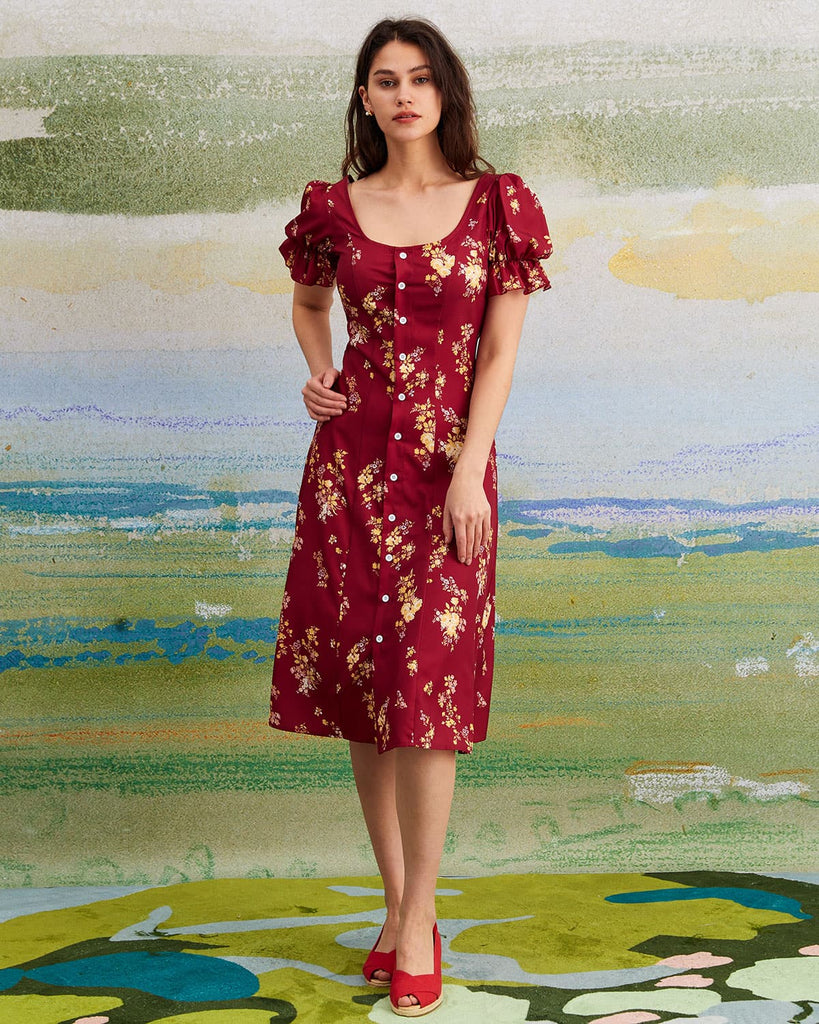 The U-Neck Puff Sleeve Floral Dress Dresses - RIHOAS